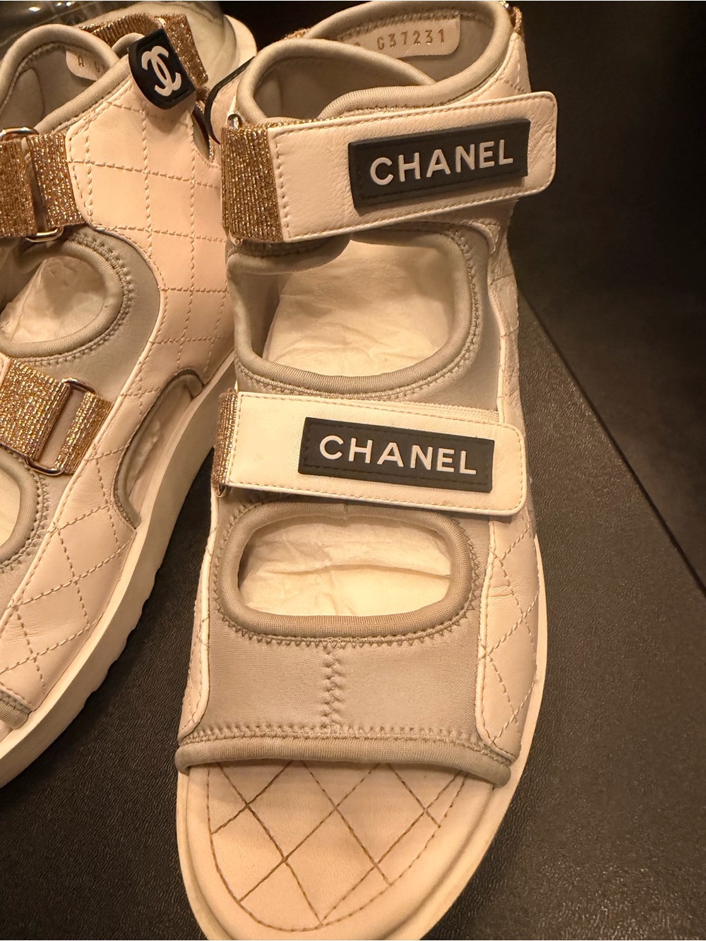 Chanel women’s White & Gold Quilted Sport Sandals - Picture 6 of 8